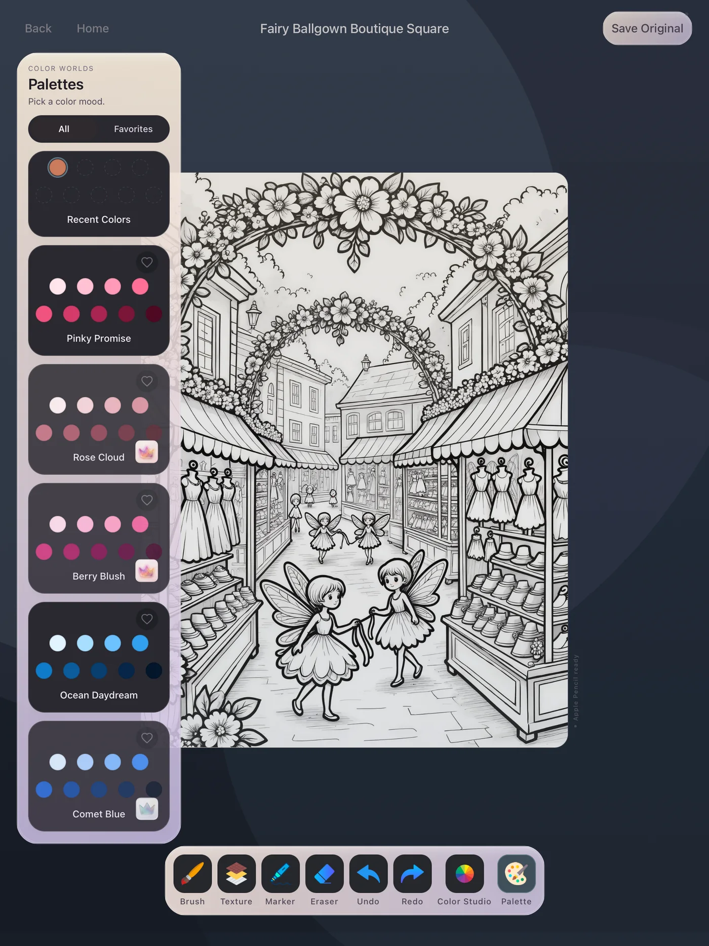 A grand ballroom coloring page on the Velaura canvas with the palette panel open