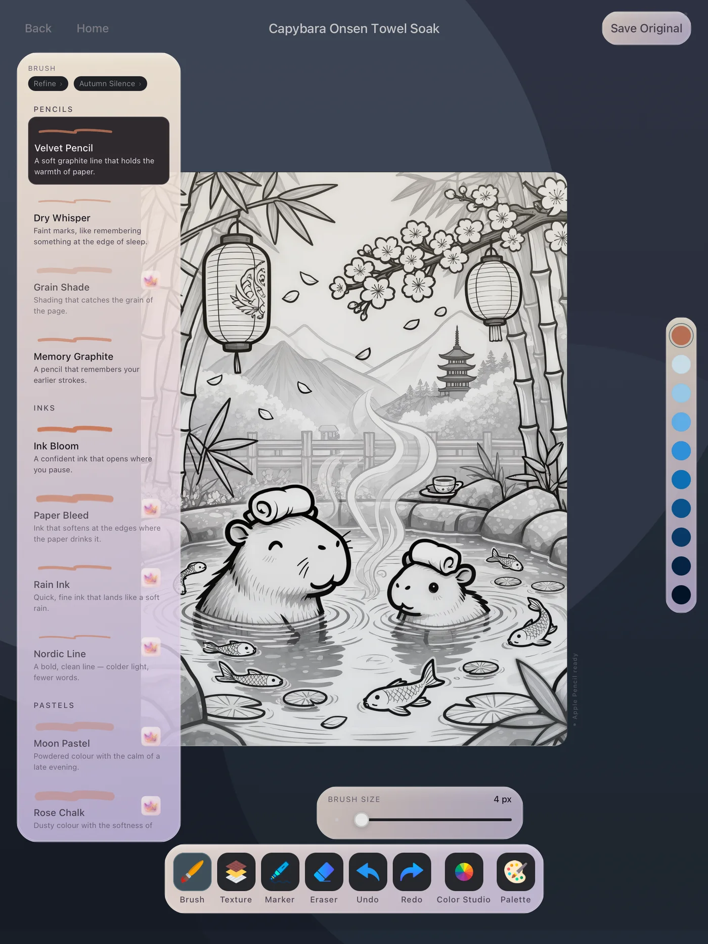 Capybara onsen coloring page on the Velaura canvas at night, with the brush library open showing Velvet Pencil and Ink Bloom