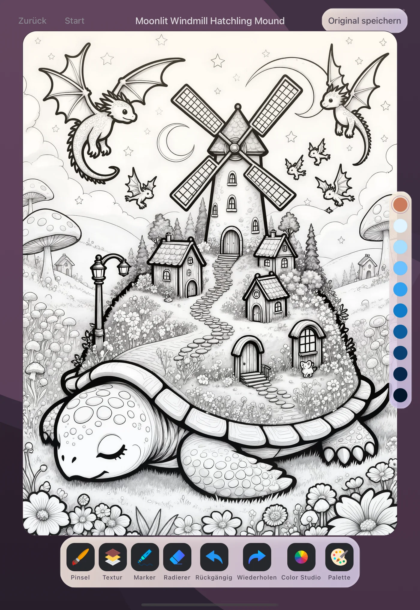 A turtle and windmill coloring page open on the Velaura canvas with a gentle color rail