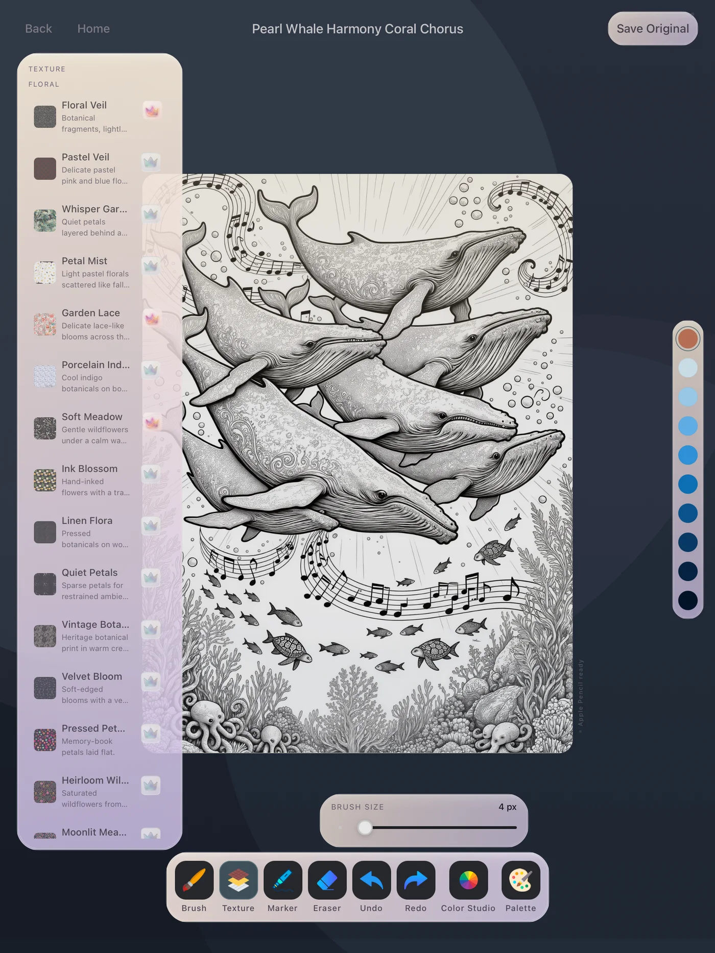 Humpback whales coloring page on the Velaura canvas in the evening atmosphere with the floating tool dock