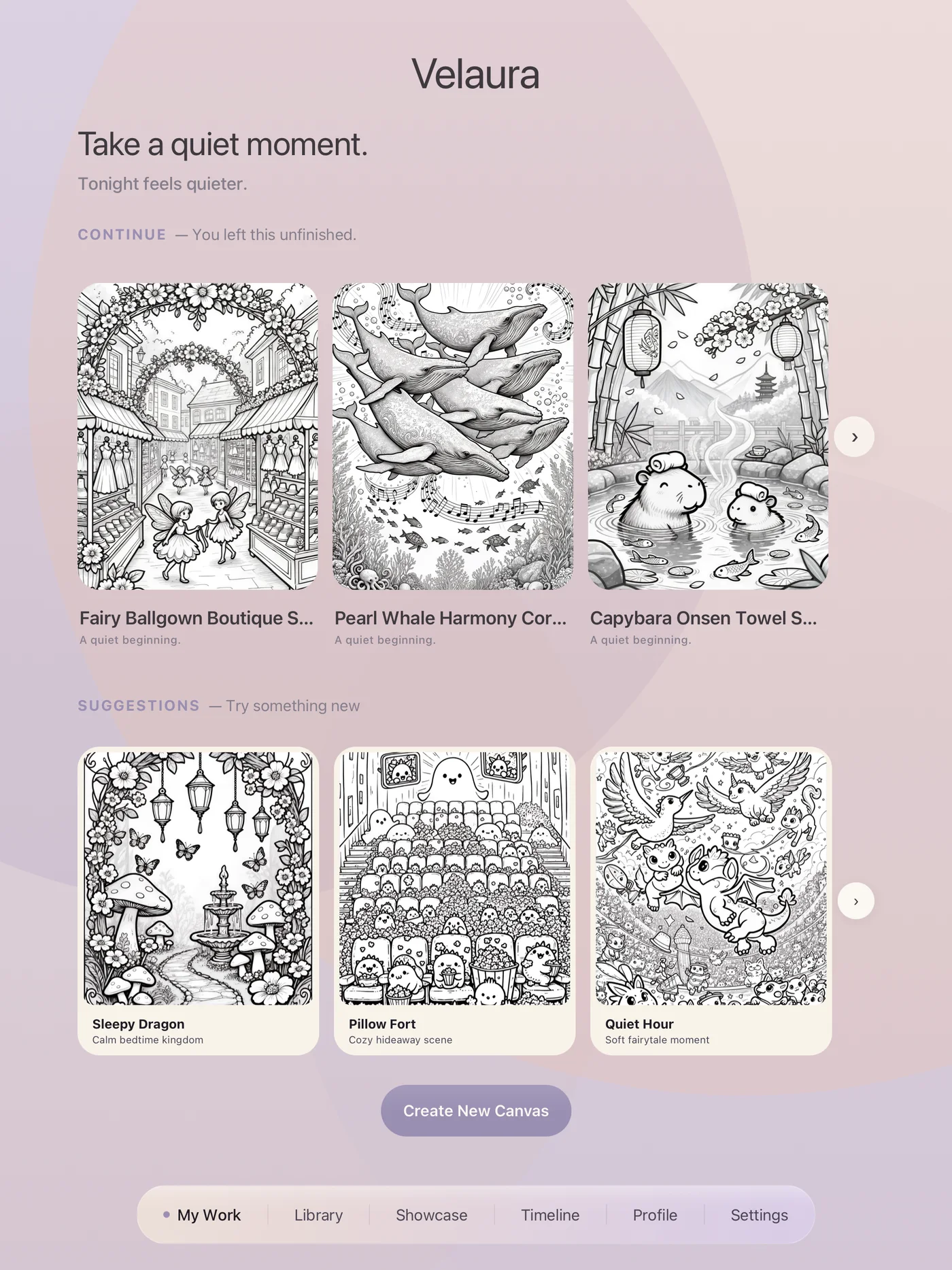Velaura home screen inviting you to take a quiet moment, with a grid of coloring pages