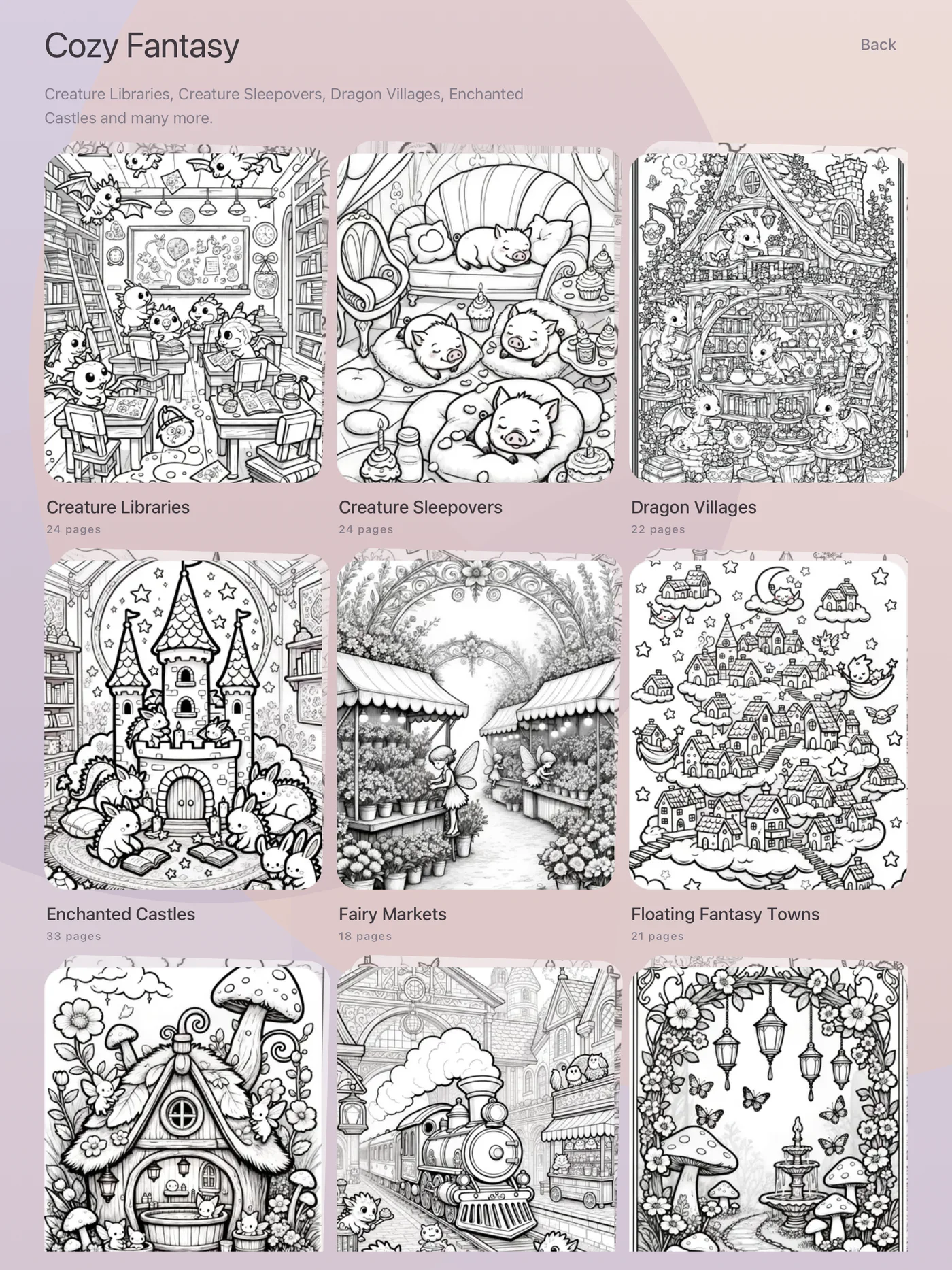 Cozy Fantasy collection in the Velaura library with a grid of hand-drawn coloring pages