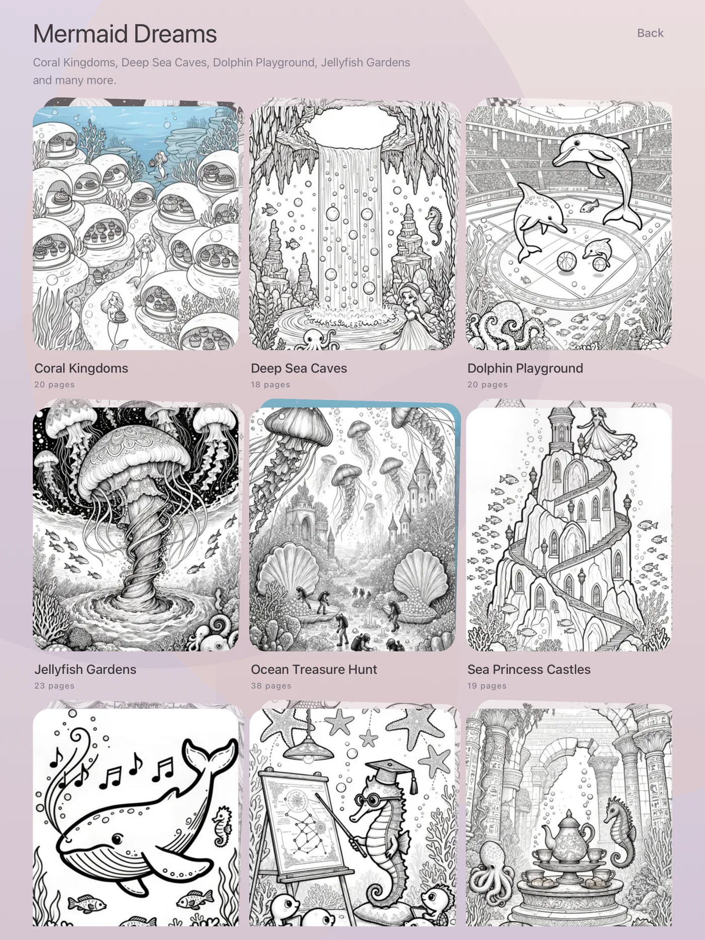 Mermaid Dreams collection in the Velaura library with underwater coloring pages