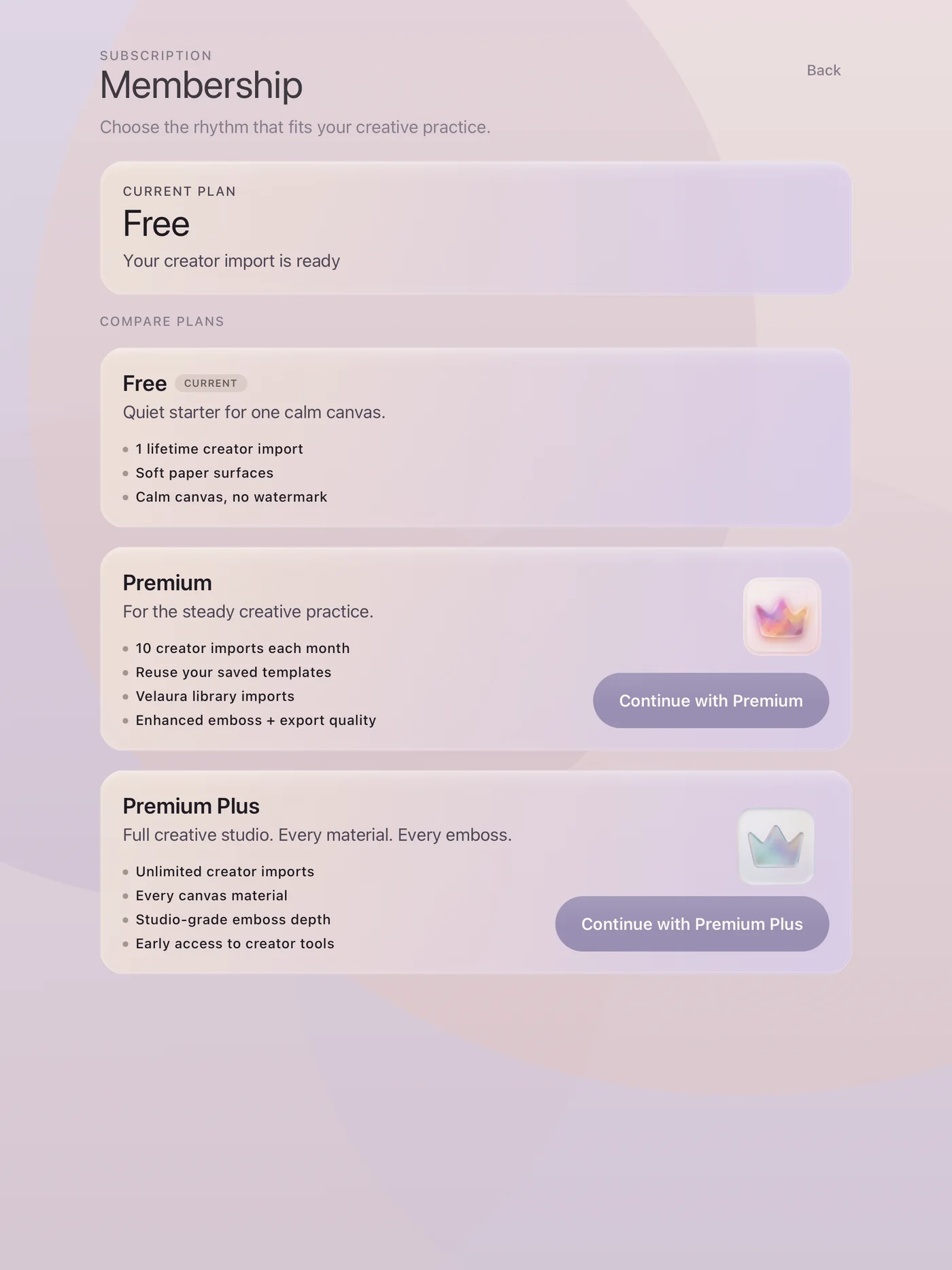 Velaura membership screen showing Free, Premium and Premium Plus plans on a calm lavender background