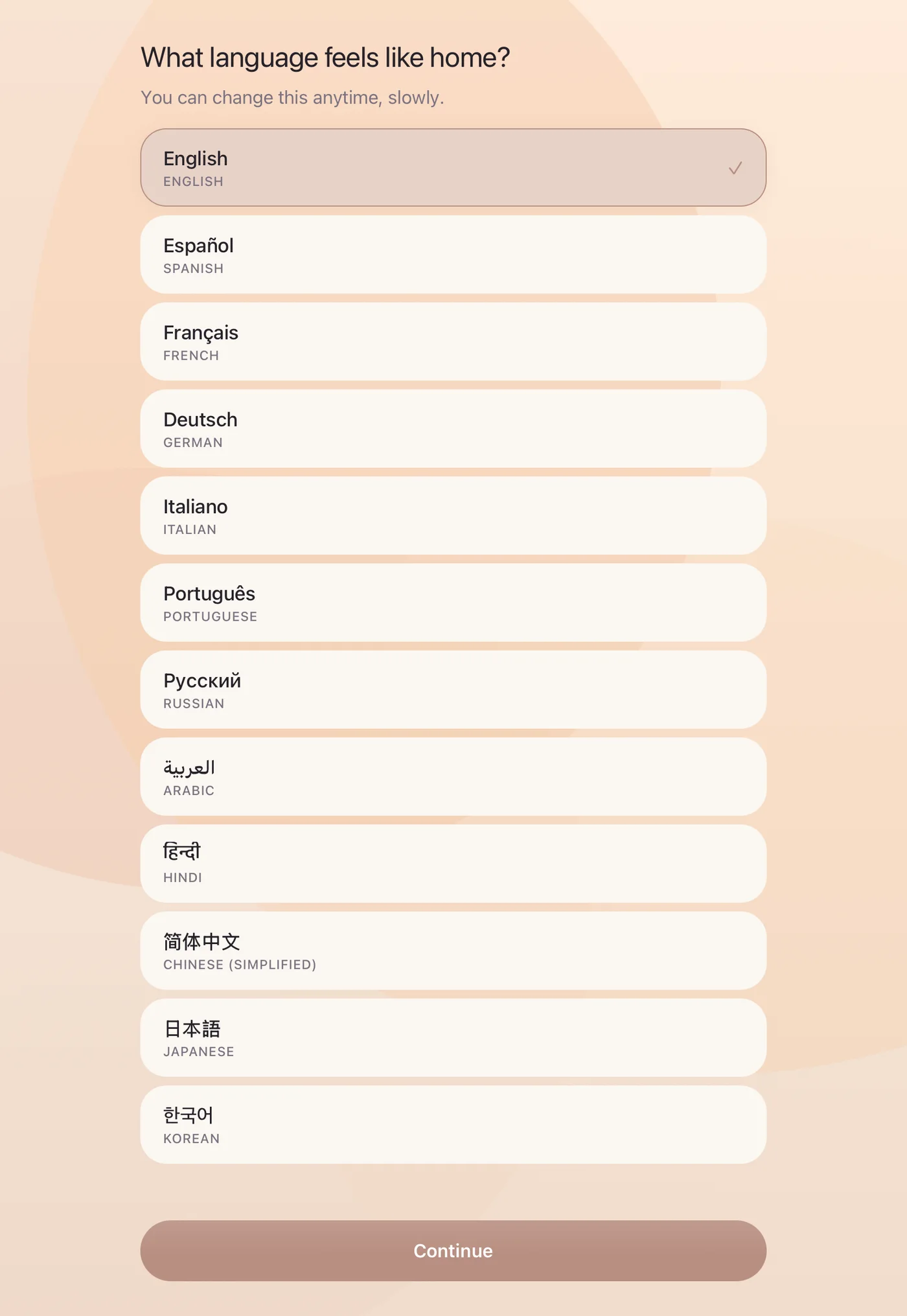 Velaura onboarding asking “What language feels like home?” with twelve languages listed on a warm peach background
