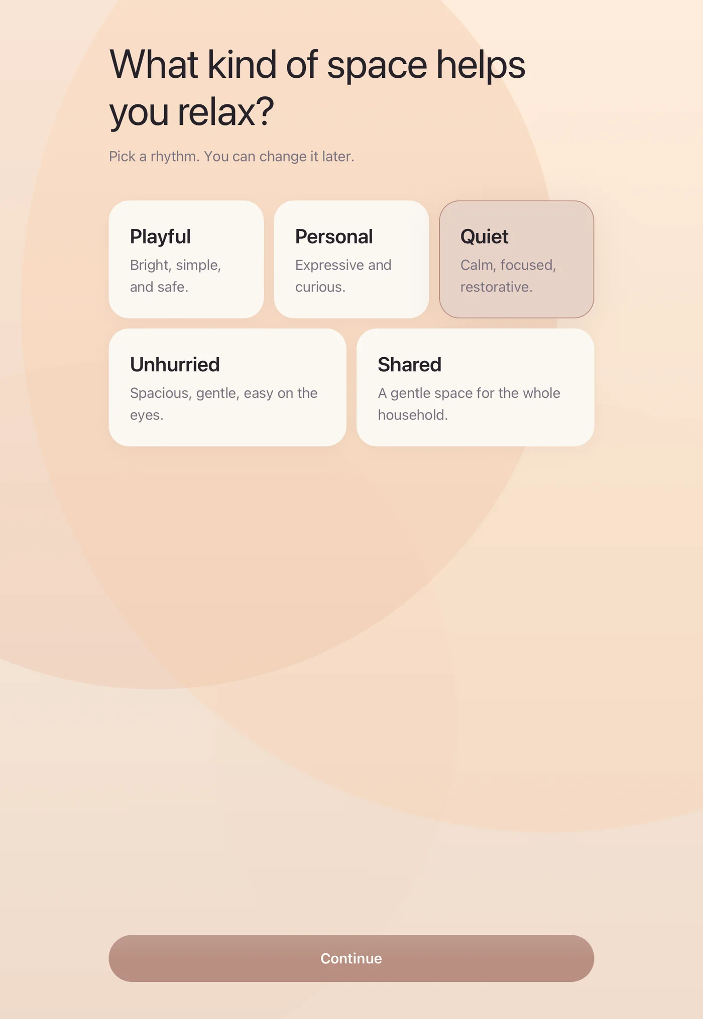 Velaura onboarding asking “What kind of space helps you relax?” with Playful, Personal, Quiet, Unhurried and Shared rhythms